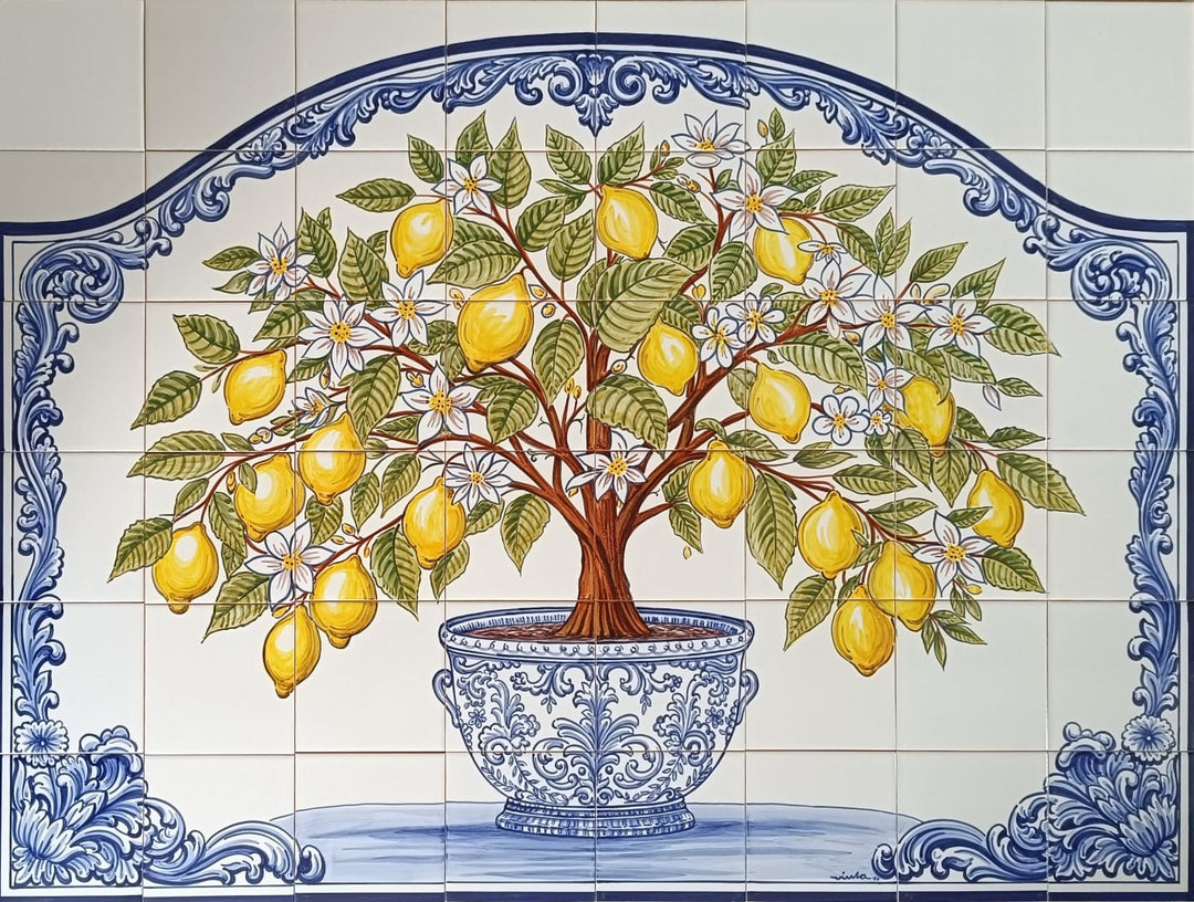 Decorative tile mural of a lemon tree with yellow lemons and blue decorative border.