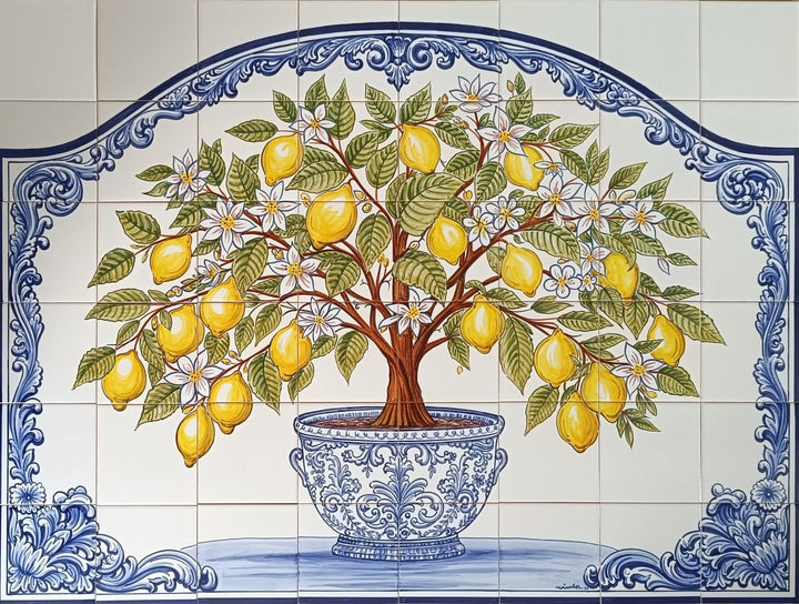 Decorative tile mural of a lemon tree with yellow lemons and blue decorative border.