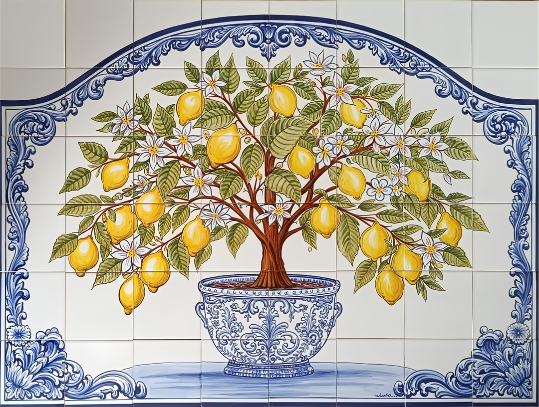 Decorative tile mural of a lemon tree with yellow lemons and blue decorative border.