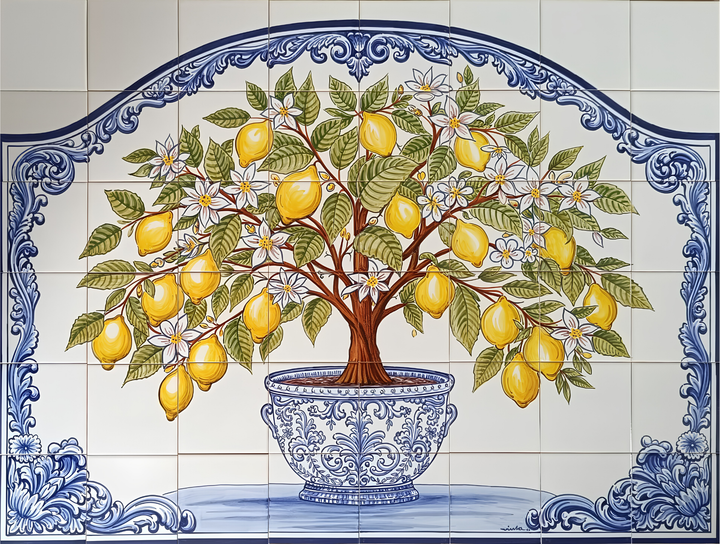 Decorative tile mural of a lemon tree with yellow lemons and blue decorative border.