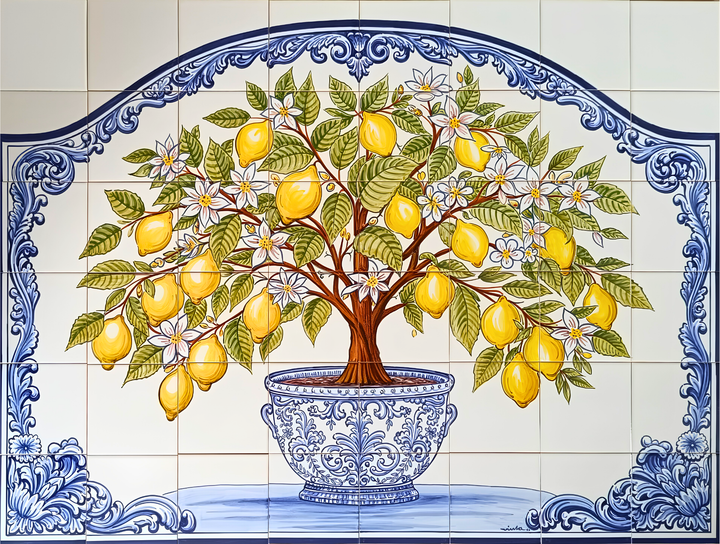Decorative tile mural of a lemon tree with yellow lemons and blue decorative border.