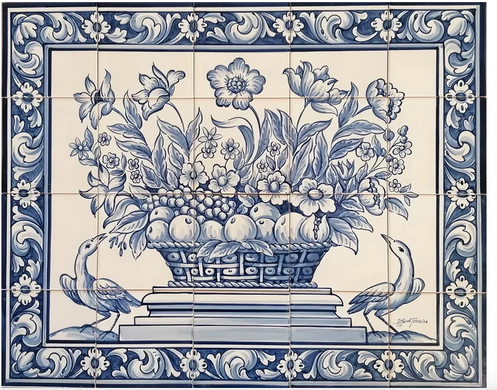 Custom Panel on Artisanal Tiles in Green "Fruit and Flower Basket" Hand Painted Portuguese Tiles | Ref. PT320