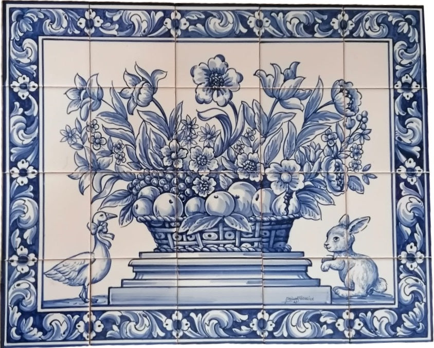 Tile Mural "Fruit and Flower Basket, Rabbit and Duck" - Hand Painted & Signed by Artist | Ref. PT235