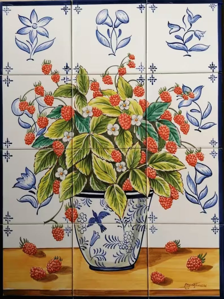 Raspberries Tile Mural - Hand Painted Portuguese Tiles | Ref. PT299