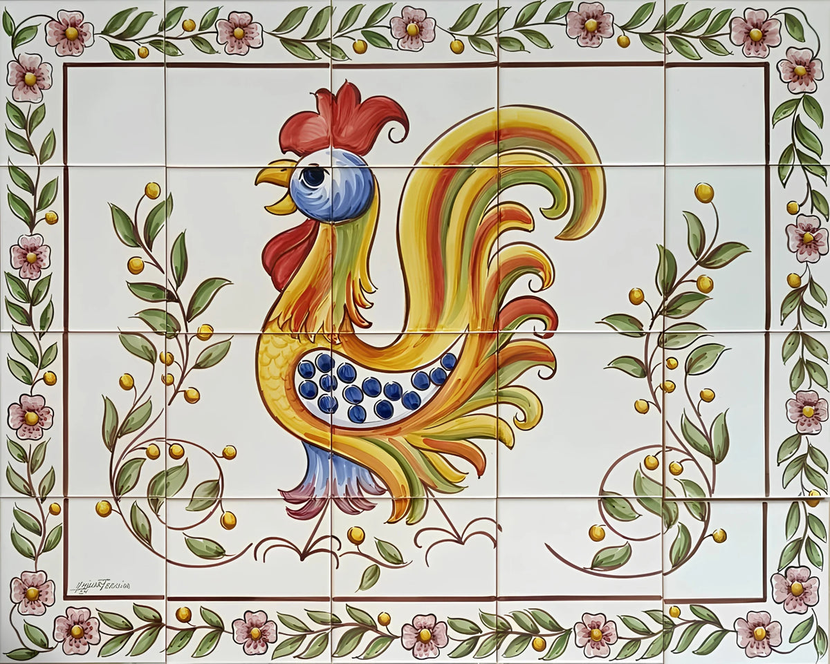 Azulejo ceramic tile mural featuring a colourful hand-painted rooster in the centre, surrounded by a decorative border of pink flowers and green leaves on a white background.