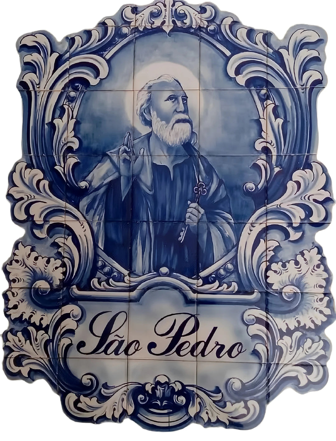 A decorative ceramic tile plaque featuring a blue and white illustration of Saint Pedro with ornate baroque-style scrollwork and the text &