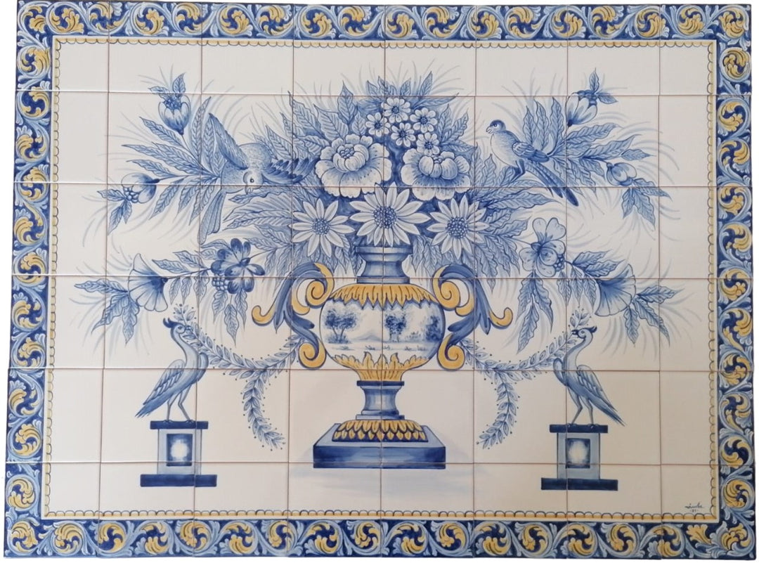 Blue and Yellow Flower Vase Tile Mural - Hand Painted Portuguese Tiles | Ref. PT397