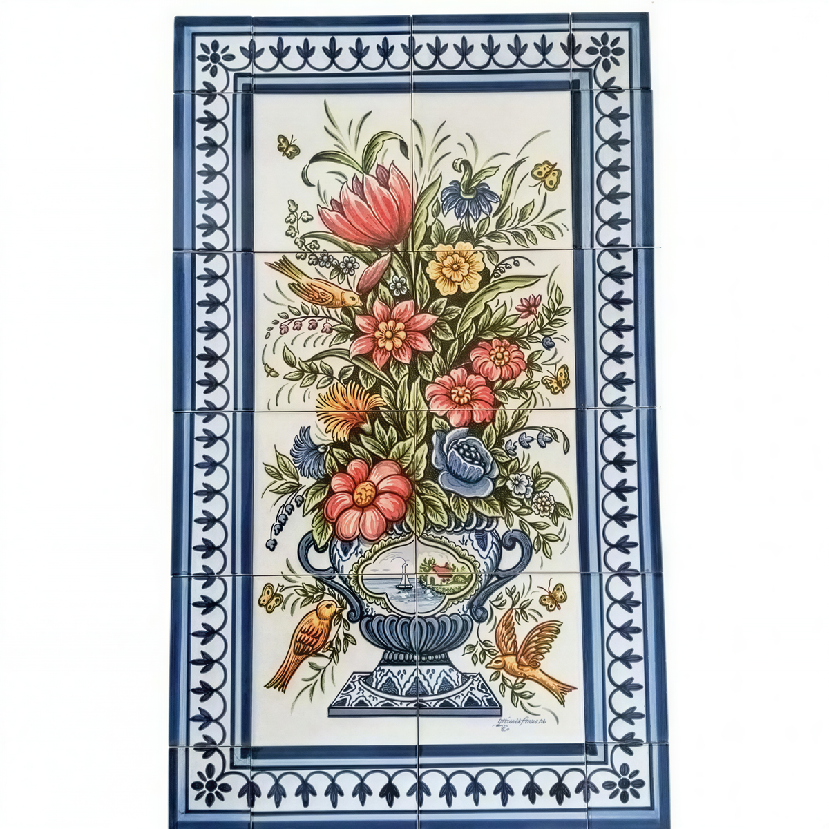 The image is a decorative tile with a floral arrangement in a vase, surrounded by birds and butterflies. The tile is framed with a blue border and features a repeating pattern of flowers and leaves.
