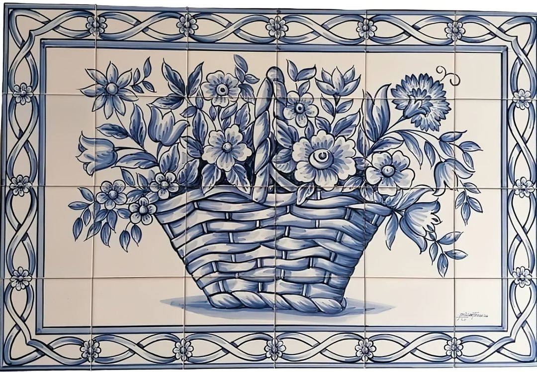 A tile mural featuring a hand-painted motif of a blue flower basket, with a traditional Portuguese floral design.