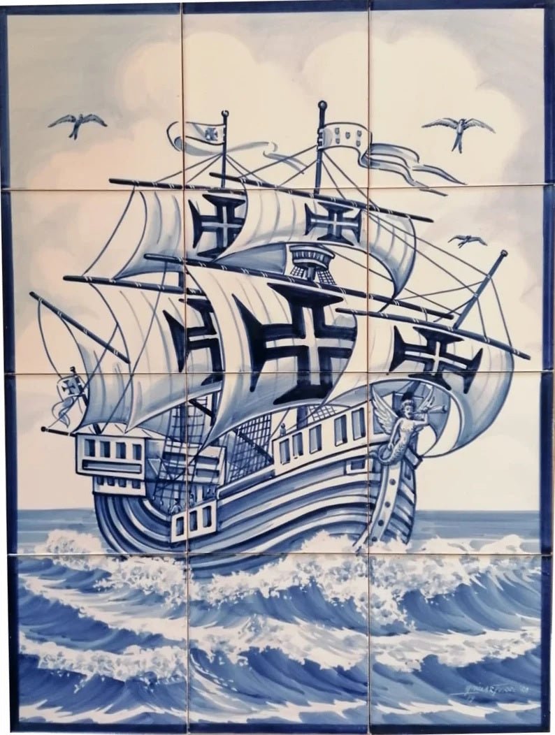 Blue and white Portuguese azulejo tile mural depicting a sailing ship with cross-emblazoned sails on rolling waves, with seagulls overhead and a dark blue border.