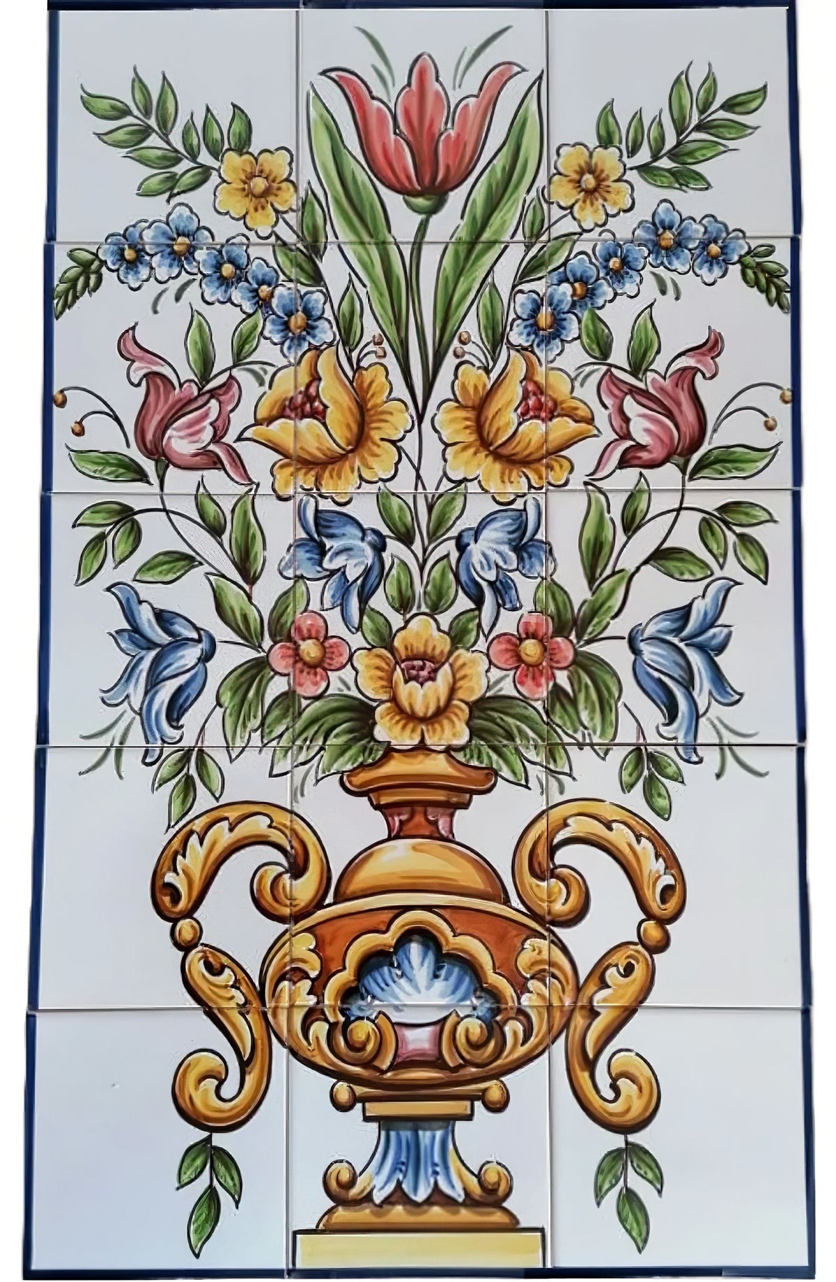 A hand-painted tile mural featuring a colorful floral design with a vase motif on a white background.