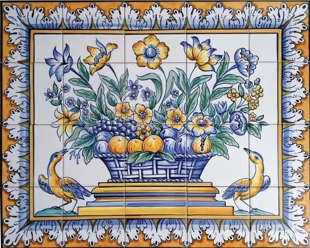 A hand-painted Portuguese tile mural featuring a colorful floral and fruit basket motif, with a yellow border and intricate blue details.