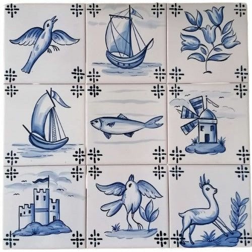Set of nine blue and white Portuguese azulejo tiles featuring birds, sailing boats, flowers, a fish, a windmill, a castle and a deer, with decorative corner motifs.