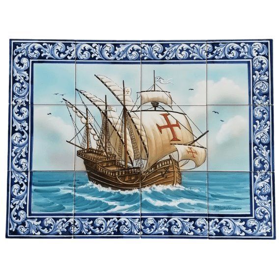 A hand-painted tile mural featuring a ship motif, with a blue and white color scheme and floral details on the background.