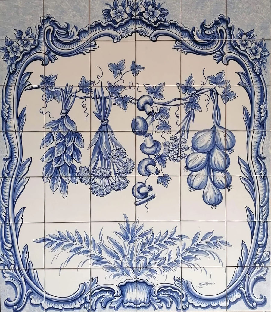Ceramic Tile Mural "Hanging Vegetables" - Hand Painted & Signed | Ref. PT356