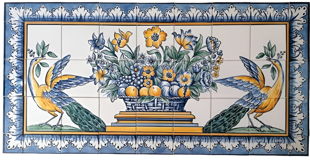 Ceramic Tile Mural "Fruit, Flower Basket and Birds" - Hand Painted & Signed | Ref. PT327