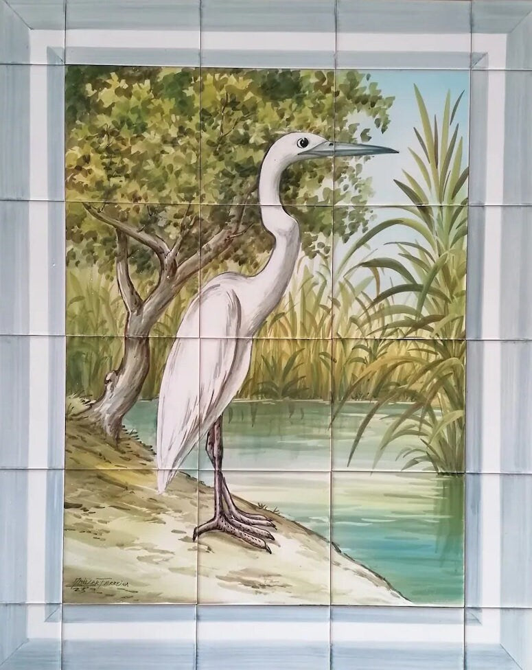 "Grey Heron" Tile Mural - Hand Painted Portuguese Tiles | Ref. PT277