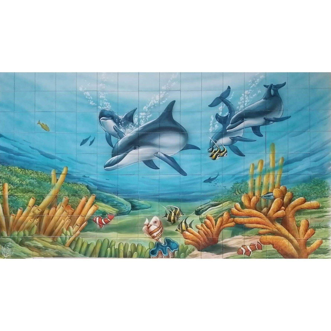 Tile Mural "Dolphins" - Hand Painted & Signed by Artist | Ref. PT445