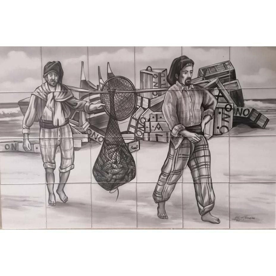 Black and White Portuguese Tile Mural "Fishermen" | Ref. PT376 (Free Shipping Worldwide)