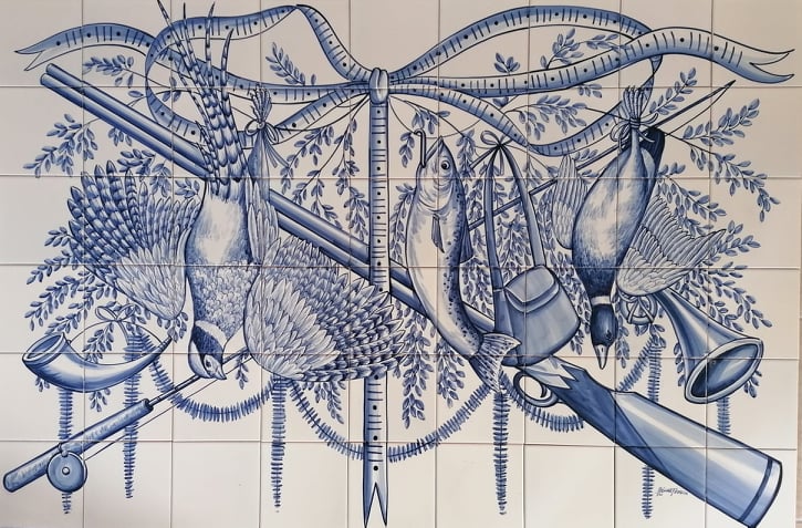 Blue and White Kitchen Tile Mural "Fishing and Hunting" | Ref. PT331 (Free Shipping Worldwide)