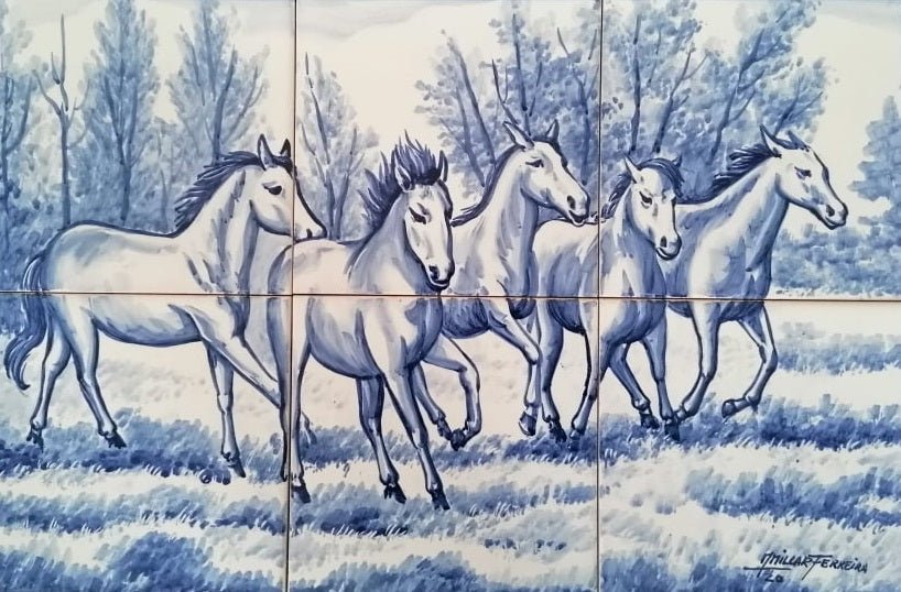 Blue and White Tile Mural "Horses" | Ref. PT231