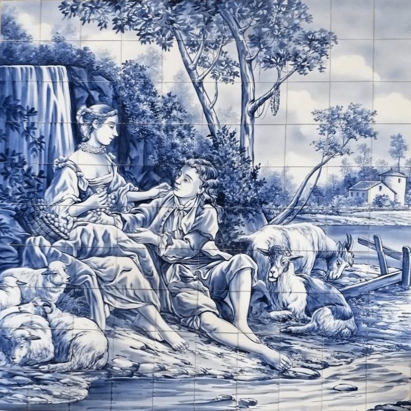 Blue and White Tile Mural "Romantic Scene" | Ref. PT453